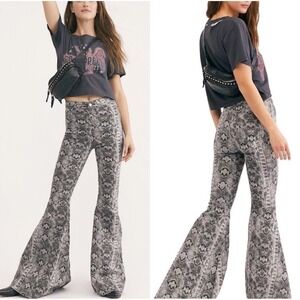 Free People Just Float On Flare Jeans Grey Snakeskin Print Bell Bottom 24